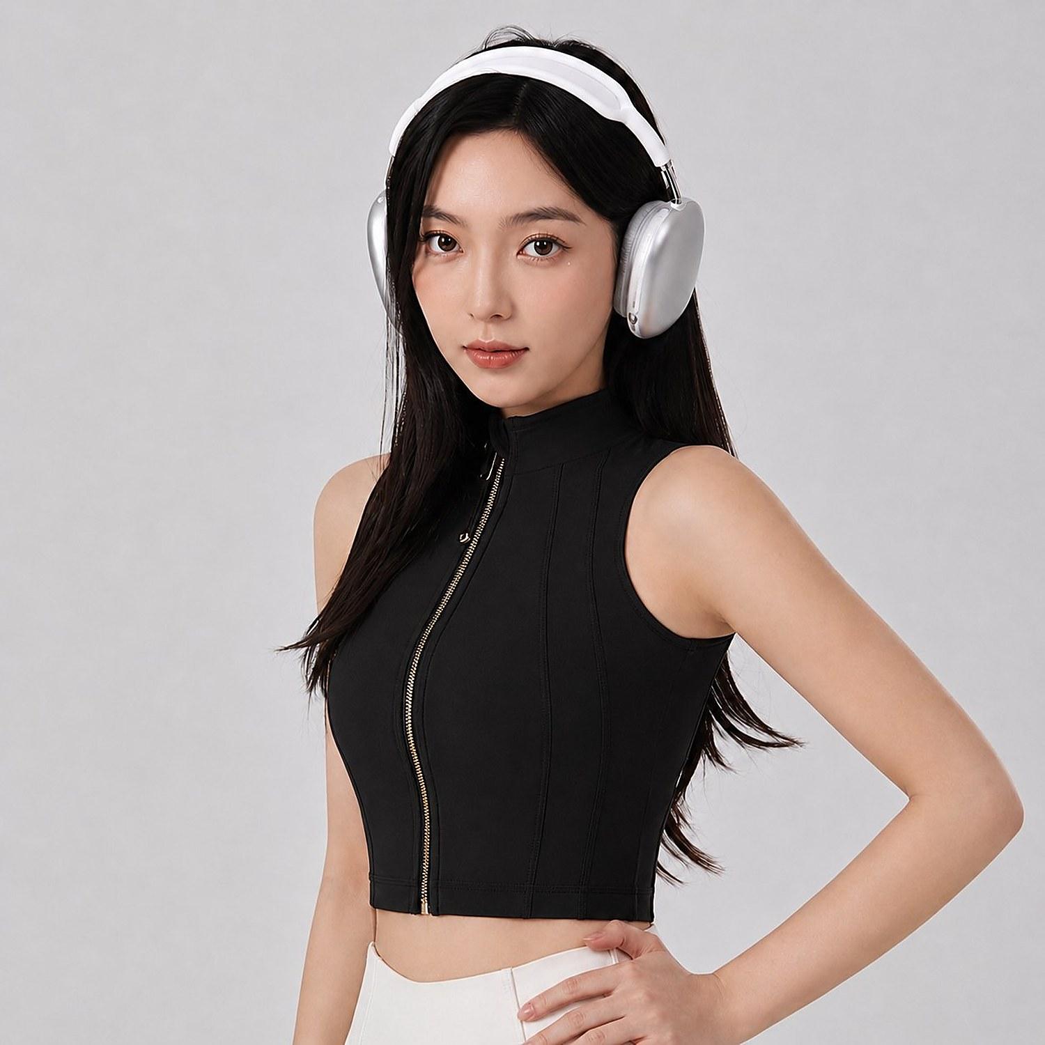 Sleeveless Zip-Front Mock-Neck Crop Top